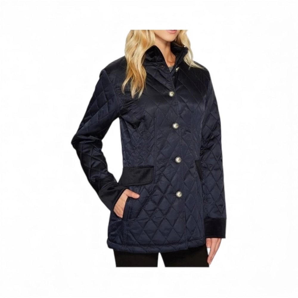 VINCE CAMUTO Navy Quilted Velvet Trim Lined Jacket Gold Buttons Pockets EUC L